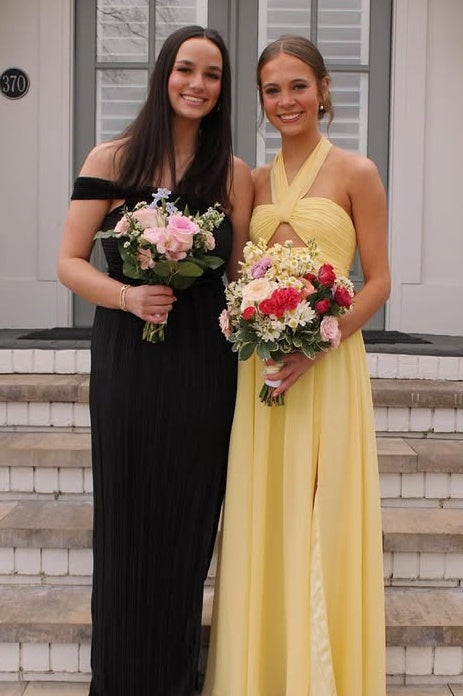 Halter Sleeveless Satin A-Line Maxi Party Prom Dress With Leg Slit