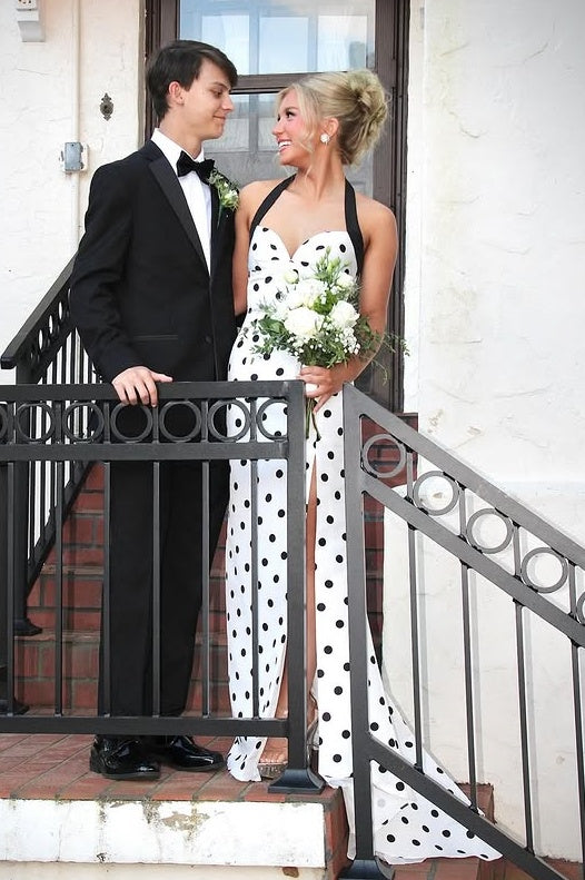 Halter Sweetheart Mermaid Satin Polka Dots Party Prom Dress