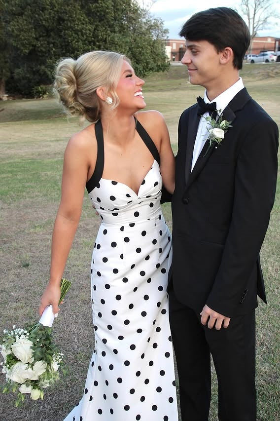 Halter Sweetheart Mermaid Satin Polka Dots Party Prom Dress