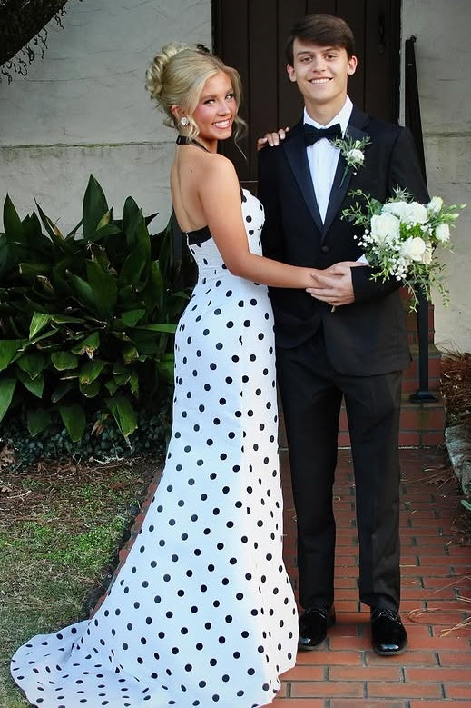 Halter Sweetheart Mermaid Satin Polka Dots Party Prom Dress