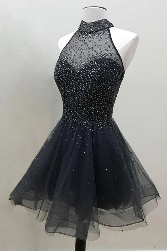 High Neck Empire A-Line Tulle And Sequin Mini Party Homecoming Dress