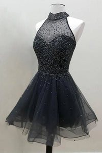 High Neck Empire A-Line Tulle And Sequin Mini Party Homecoming Dress