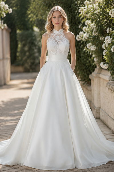 High Neck Sleeveless A-Line Two Tone Modest Wedding Dress