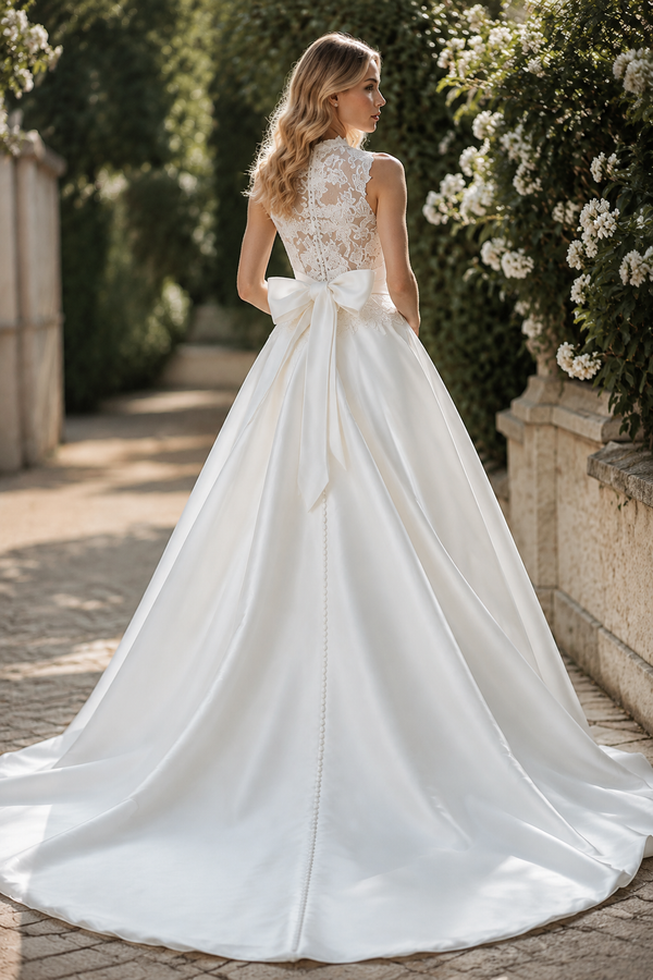 High Neck Sleeveless A-Line Two Tone Modest Wedding Dress