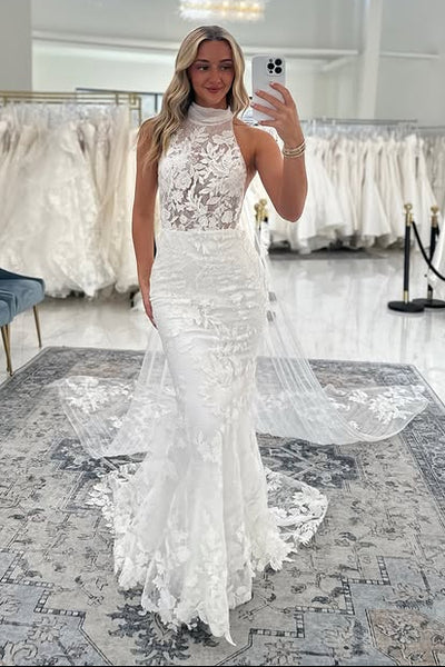 High Neck Sleeveless Mermaid Lace Wedding Dress 