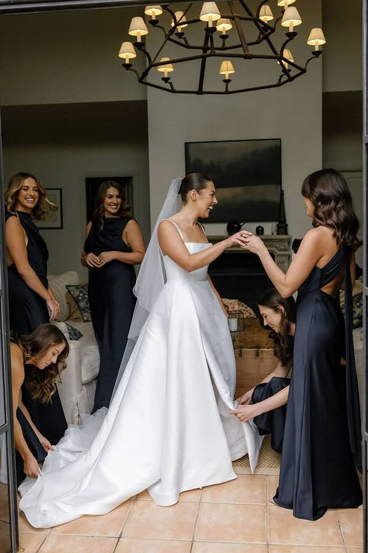 High Neck Sleeveless Open Back Satin Long Black Bridesmaid Dress