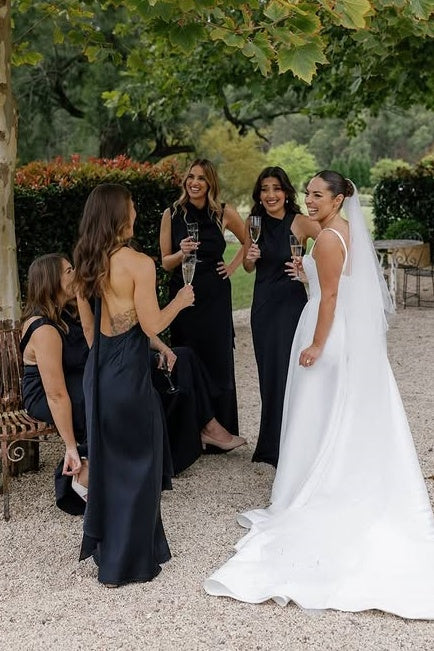 High Neck Sleeveless Open Back Satin Long Black Bridesmaid Dress