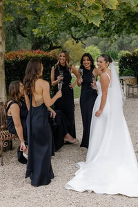 High Neck Sleeveless Open Back Satin Long Black Bridesmaid Dress