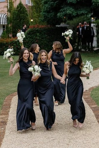 High Neck Sleeveless Open Back Satin Long Black Bridesmaid Dress