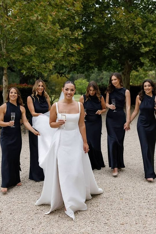 High Neck Sleeveless Open Back Satin Long Black Bridesmaid Dress