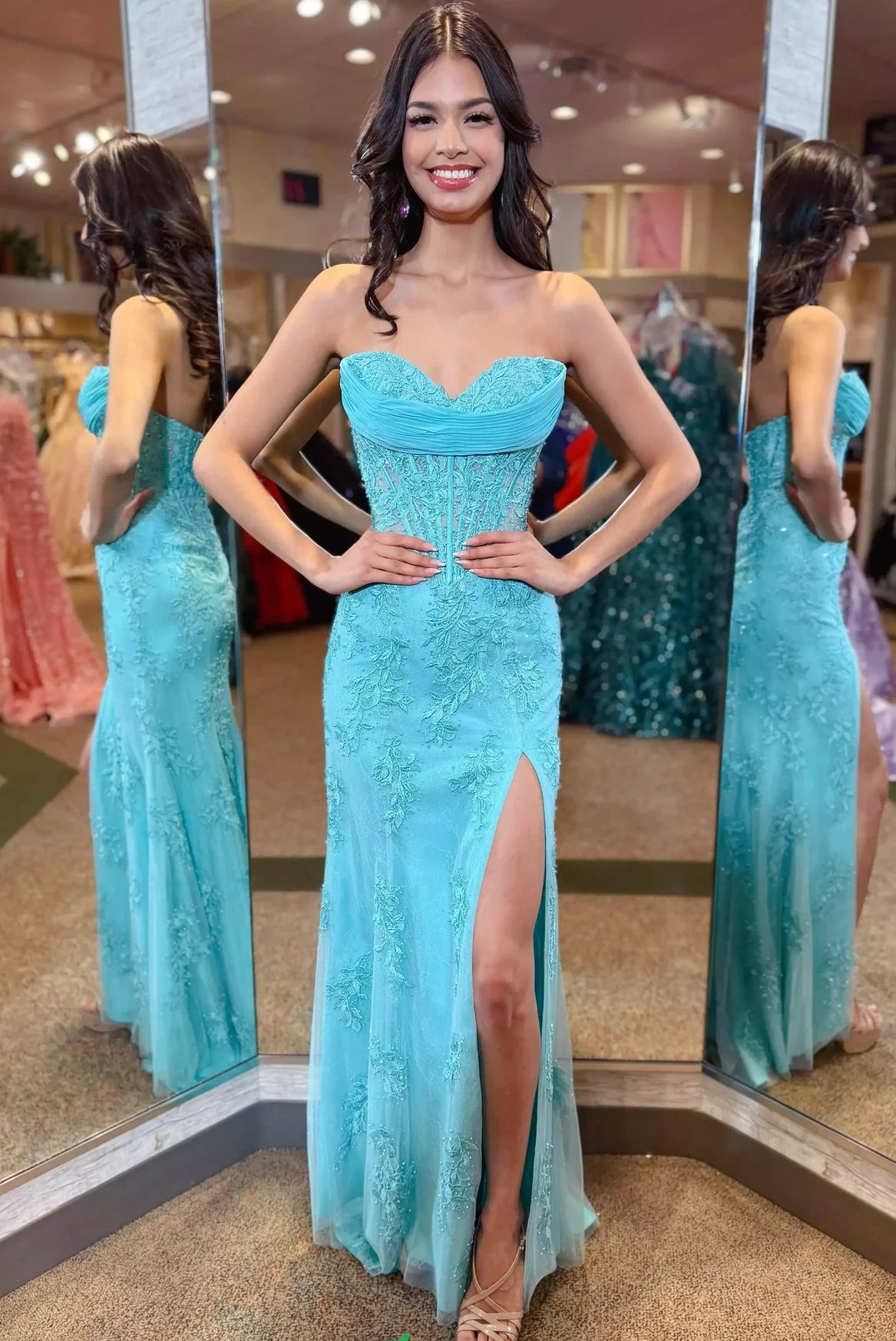 Hot Lace Strapless Zipper-Up Mermaid Floor-Length Party Prom Dress