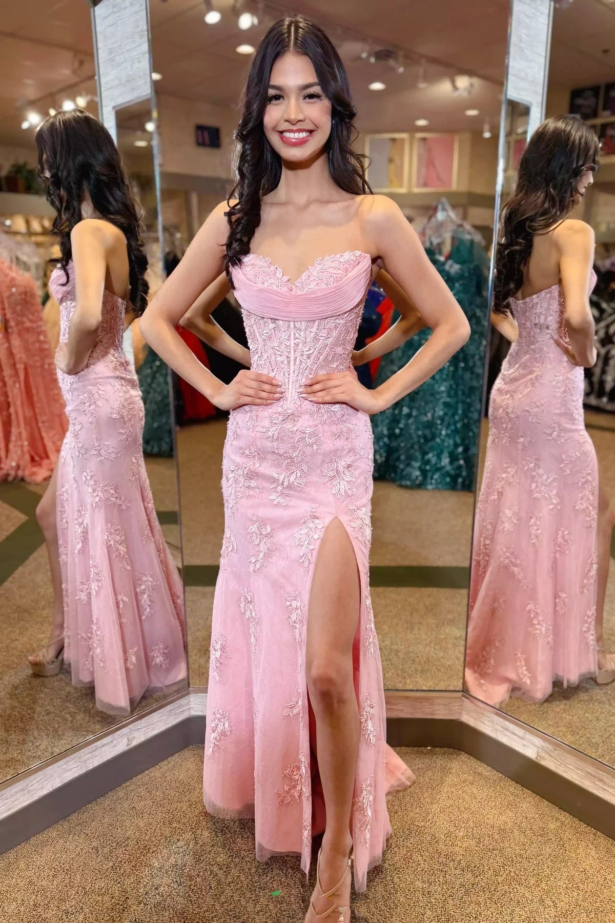 Hot Lace Strapless Zipper-Up Mermaid Floor-Length Party Prom Dress