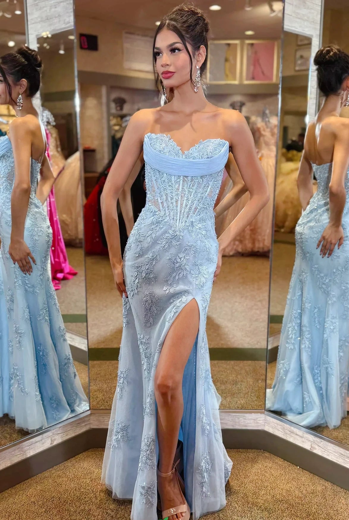 Hot Lace Strapless Zipper-Up Mermaid Floor-Length Party Prom Dress