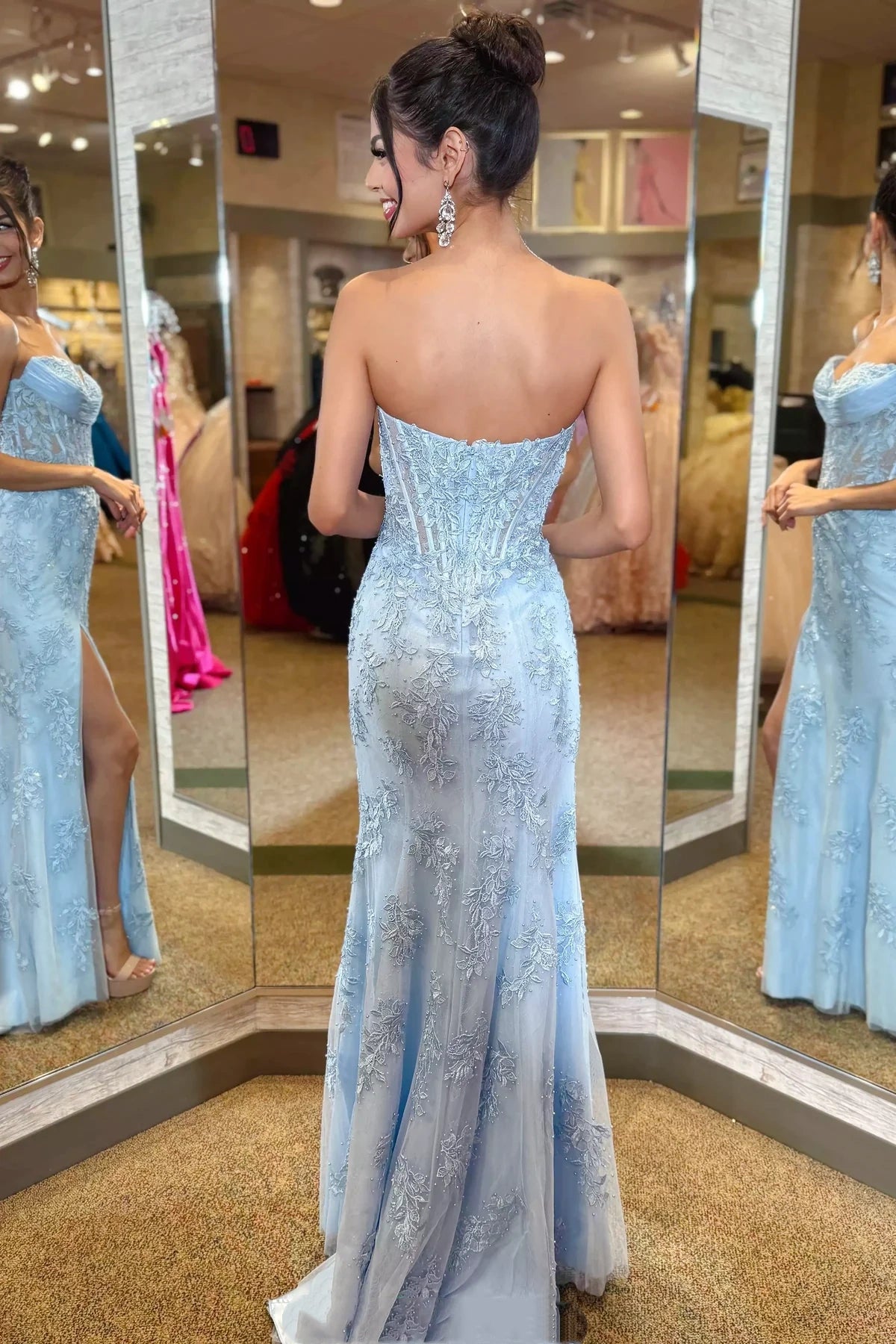 Hot Lace Strapless Zipper-Up Mermaid Floor-Length Party Prom Dress