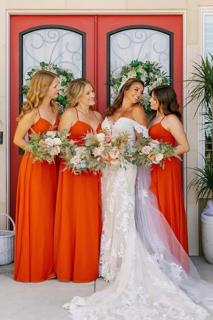 Hot Orange A-Line Spaghetti Straps Chiffon Bridesmaid Dress