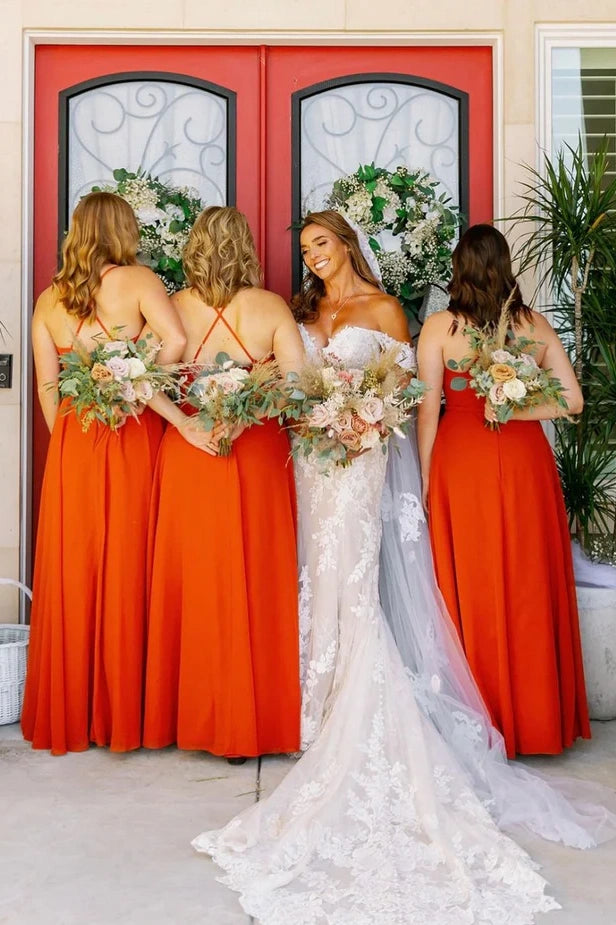 Hot Orange A-Line Spaghetti Straps Chiffon Bridesmaid Dress