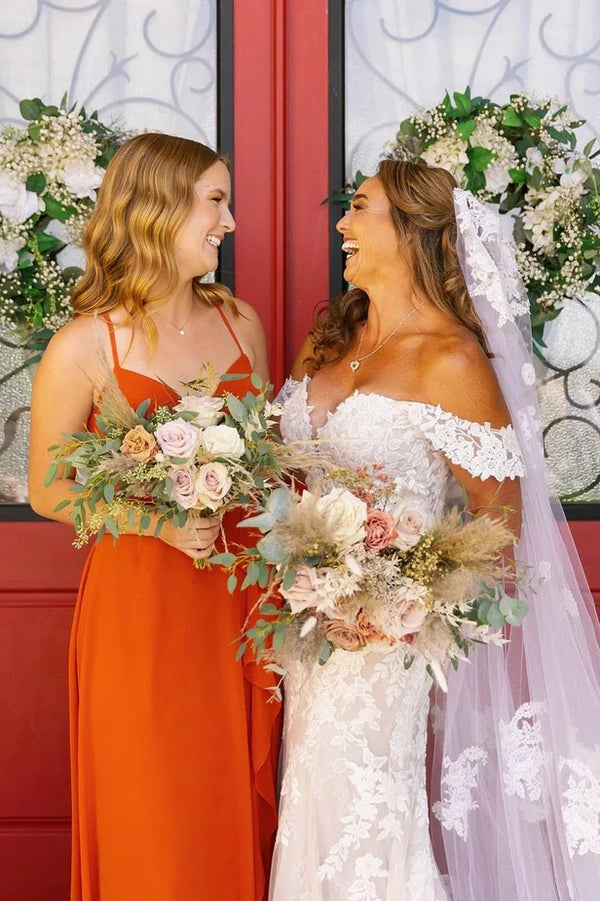 Hot Orange A-Line Spaghetti Straps Chiffon Bridesmaid Dress