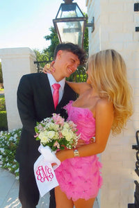 Hot Pink Boat Sleeveless Floral Mini Homecoming Dress