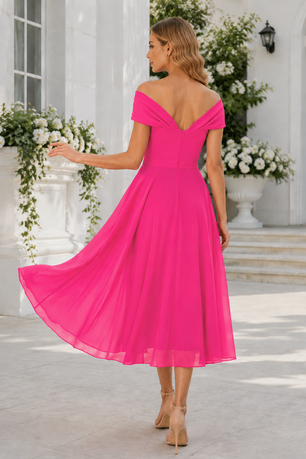 Hot Pink Chiffon A-Line Off-Shoulder V-Back Midi Mother Of The Bride Dress