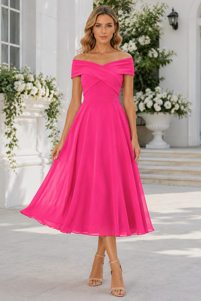 Hot Pink Chiffon A-Line Off-Shoulder V-Back Midi Mother Of The Bride Dress