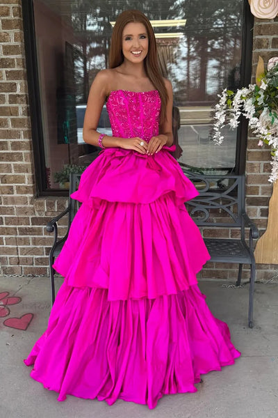 Hot Pink Satin A-Line Empire Lace Appliques Tiered Party Prom Dress