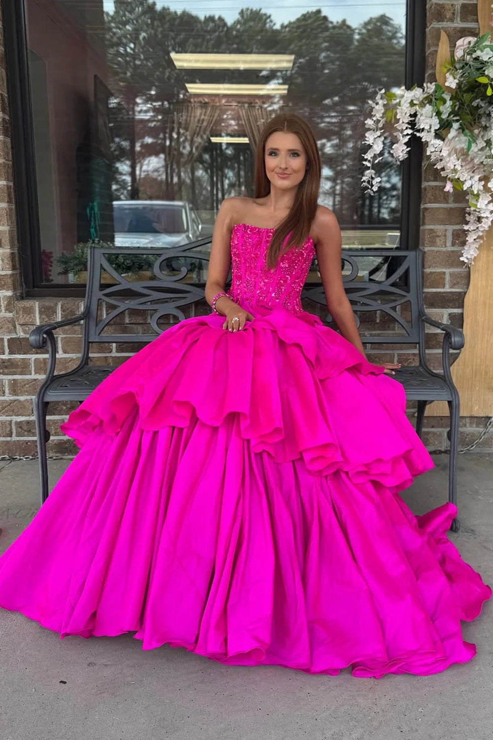 Hot Pink Satin A-Line Empire Lace Appliques Tiered Party Prom Dress