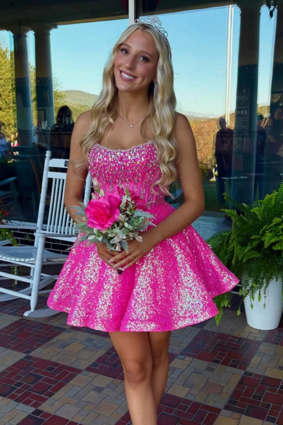 Hot Pink Satin A-Line Sequin Beaded Top Empire Homecoming Dress