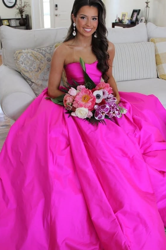 Hot Pink Satin Fitted Strapless Party Prom Dress With Train