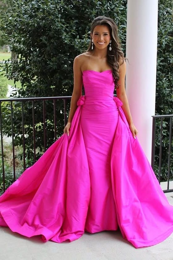 Hot Pink Satin Fitted Strapless Party Prom Dress With Train
