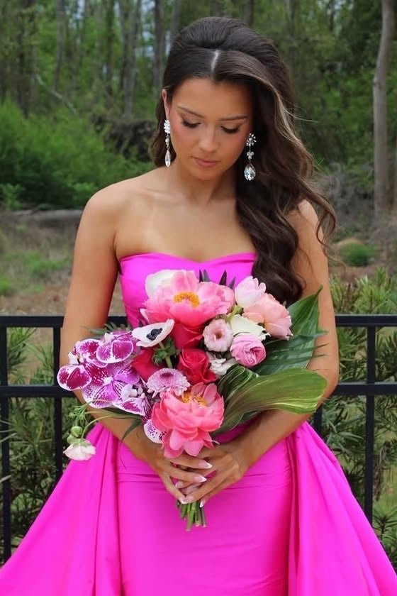 Hot Pink Satin Fitted Strapless Party Prom Dress With Train