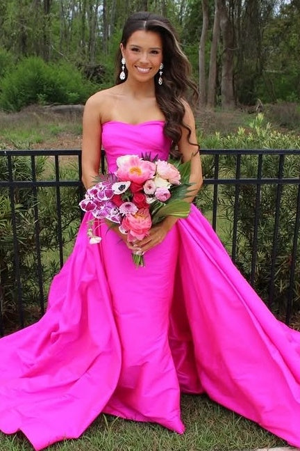 Hot Pink Satin Fitted Strapless Party Prom Dress With Train