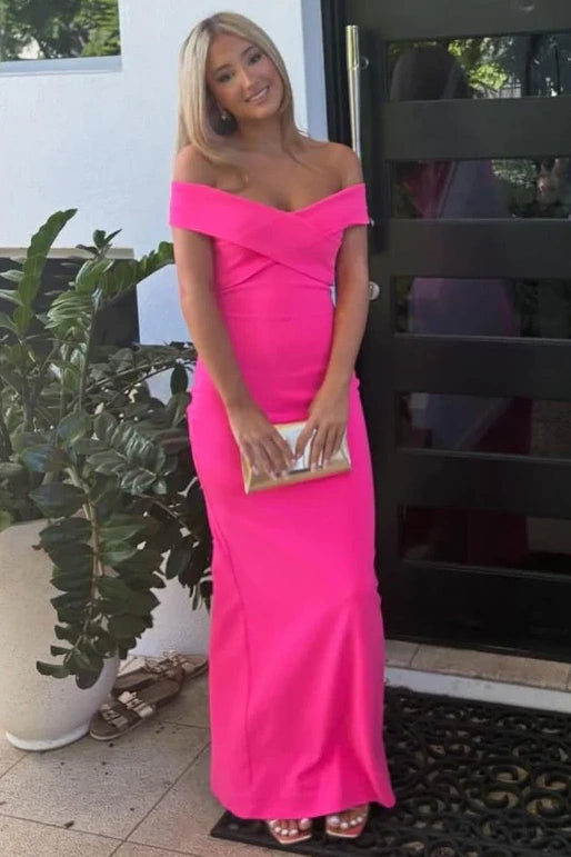 Hot Pink Satin Off-Shoulder Sleeveless Fitted Party Prom Dress