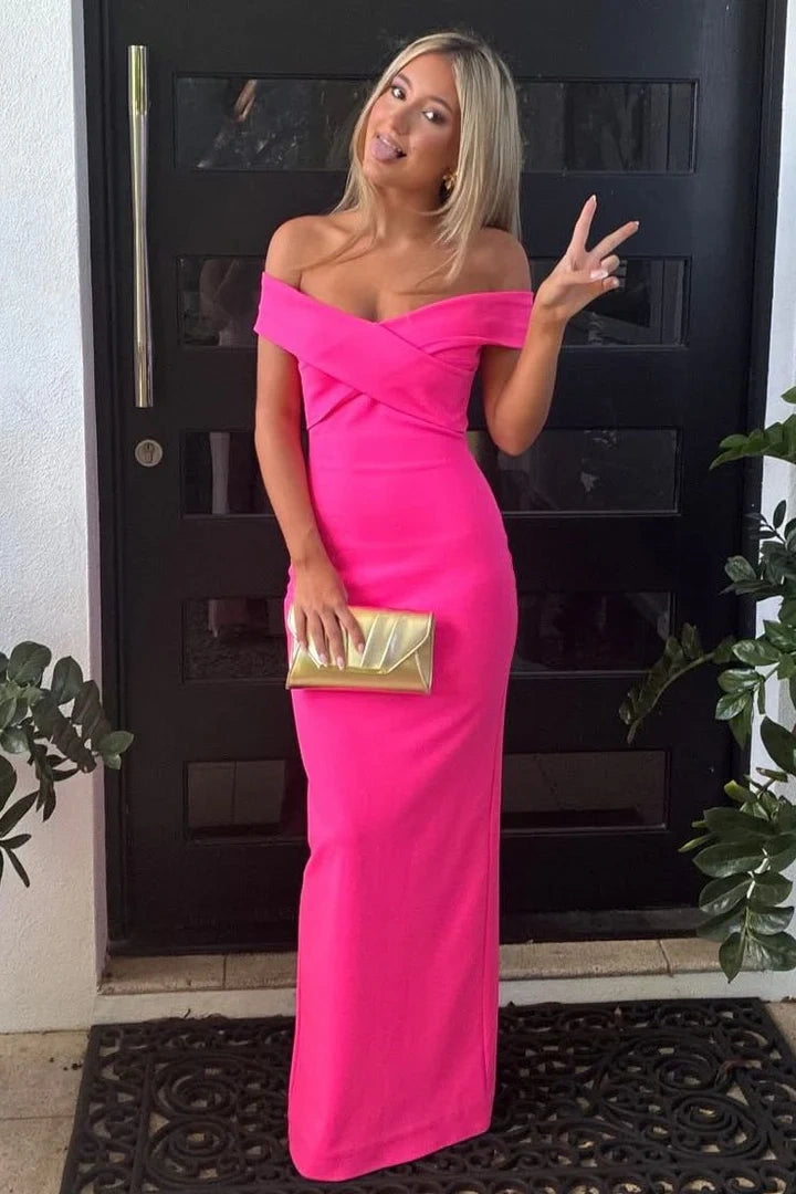 Hot Pink Satin Off-Shoulder Sleeveless Fitted Party Prom Dress