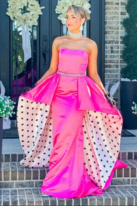 Hot Pink Strapless Beaded Empire Mermaid Party Prom Dress With Train