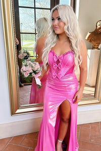 Hot Pink Sweetheart Strapless Mermaid Leg Slit Party Prom Dress