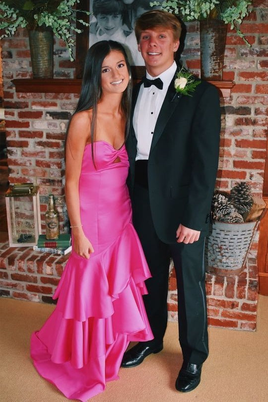 Hot Pink Sweetheart Strapless Satin Tiered Formal Prom Dress