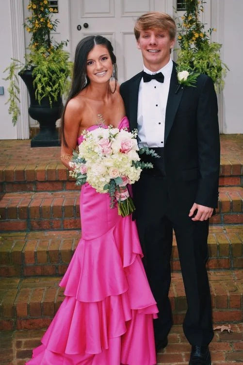 Hot Pink Sweetheart Strapless Satin Tiered Formal Prom Dress