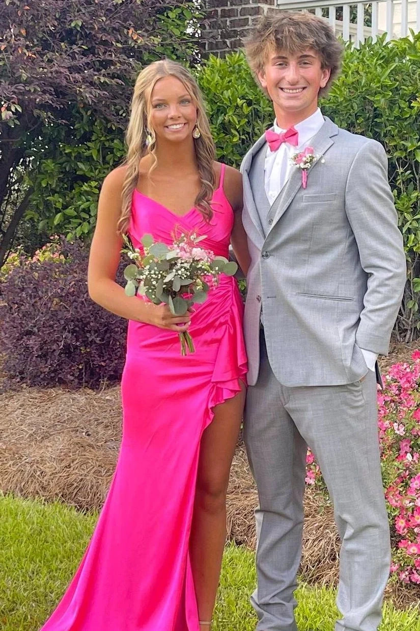 Hot Pink V-Neck Sleeveless Satin Split Mermaid Party Prom Dress