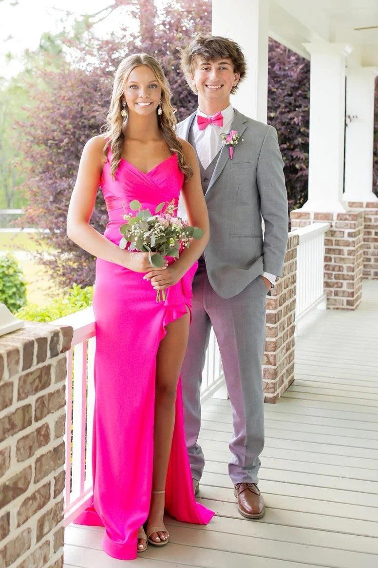 Hot Pink V-Neck Sleeveless Satin Split Mermaid Party Prom Dress