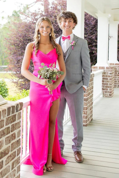 Hot Pink V-Neck Sleeveless Satin Split Mermaid Party Prom Dress