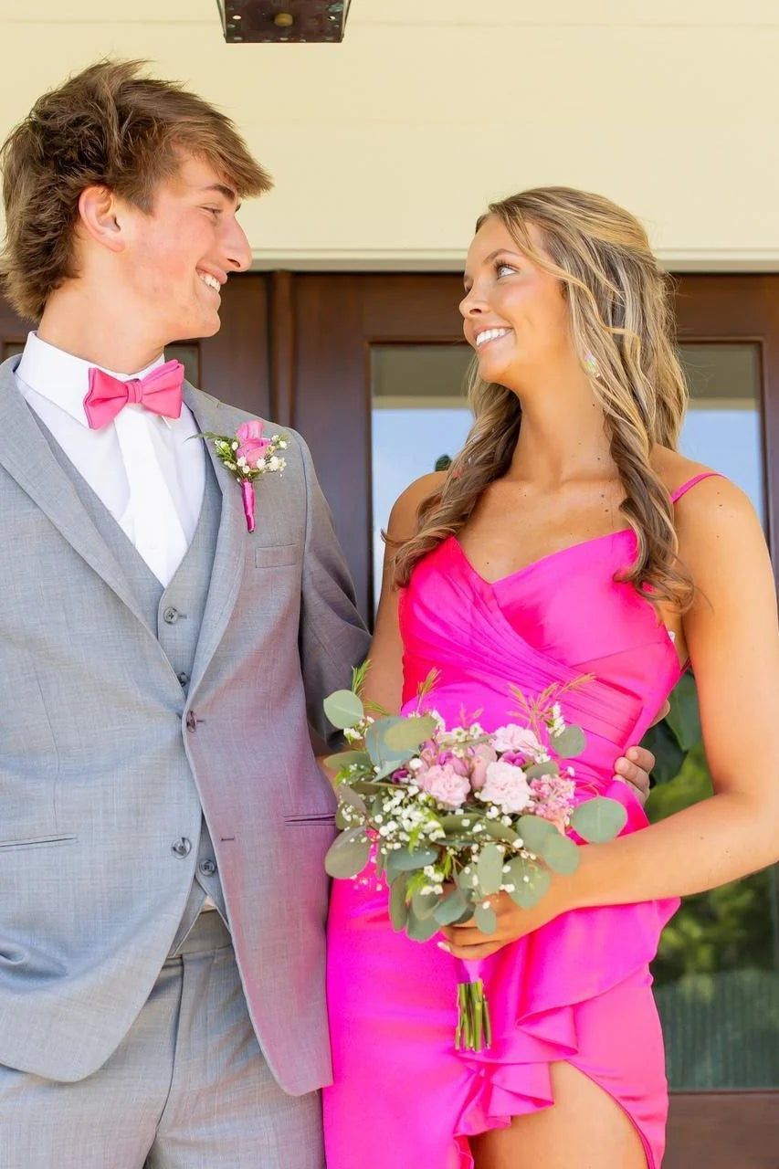 Hot Pink V-Neck Sleeveless Satin Split Mermaid Party Prom Dress