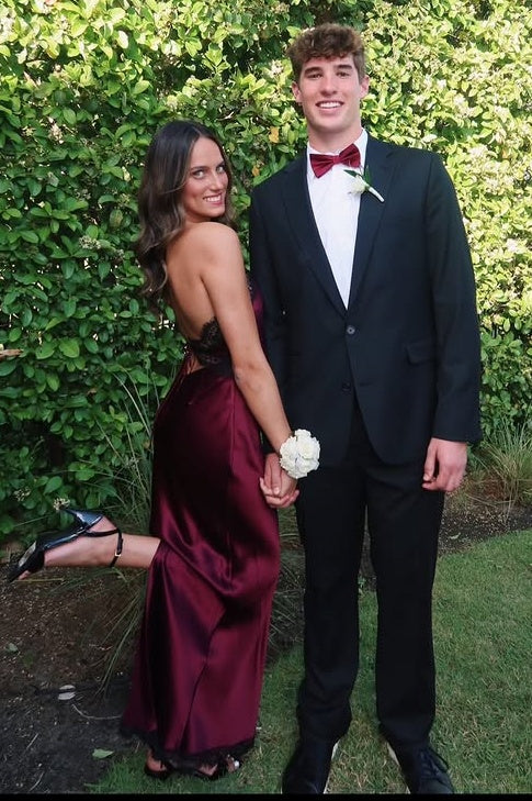 Hot Satin Halter Backless Sheath Party Prom Dress With Lace 