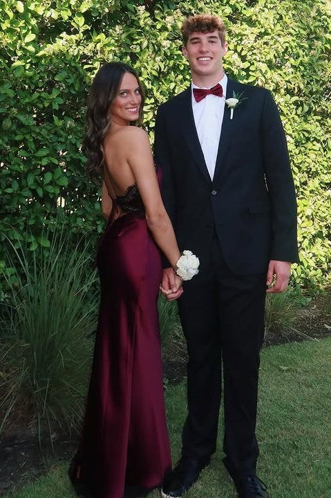 Hot Satin Halter Backless Sheath Party Prom Dress With Lace 