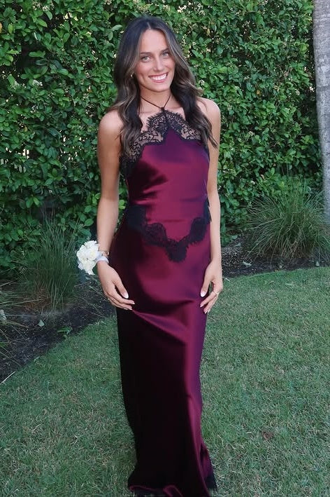 Hot Satin Halter Backless Sheath Party Prom Dress With Lace 