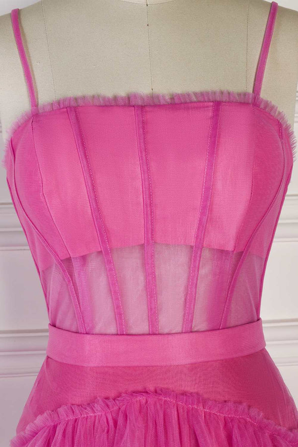 Straps Hot Pink Ruffle Layered Prom Dress