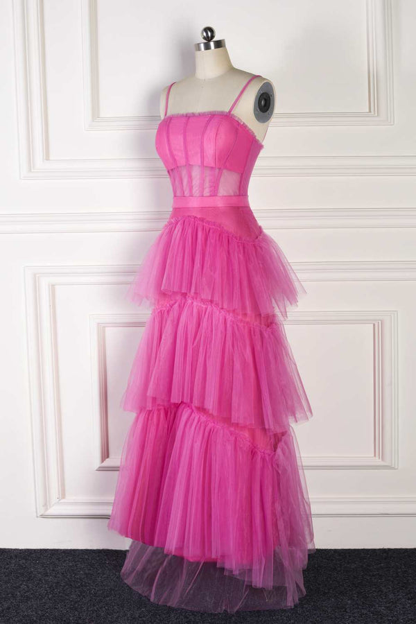 Straps Hot Pink Ruffle Layered Prom Dress