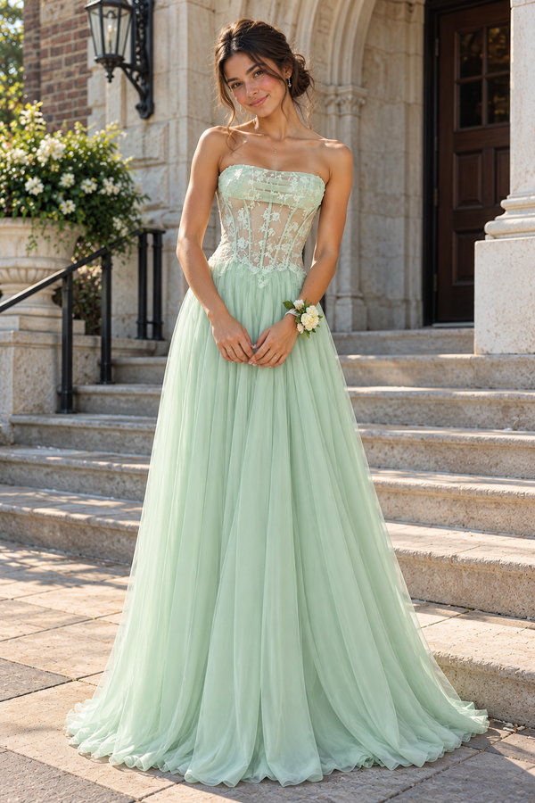 Lace And Chiffon A-Line Strapless Empire Long Party Prom Dress