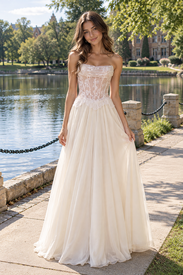 Lace And Chiffon A-Line Strapless Empire Long Party Prom Dress