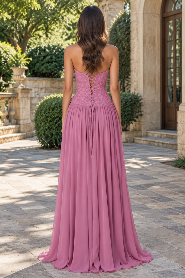 Lace And Chiffon A-Line Sweetheart Strapless Lace-Up Party Prom Dress