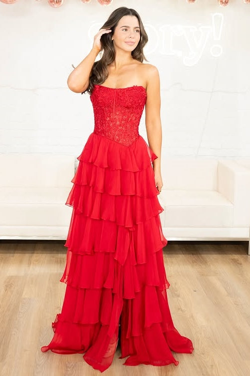 Lace And Chiffon Tiered A-Line Maxi Strapless Party Prom Dress